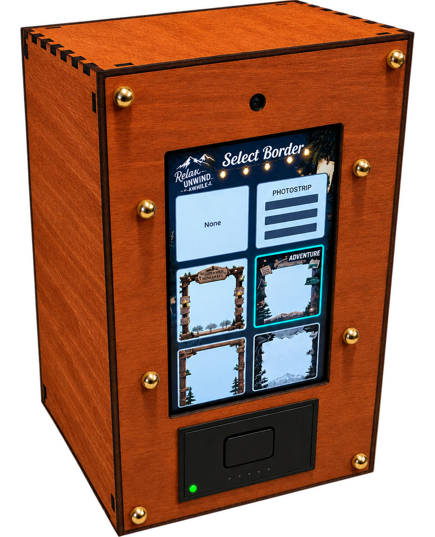 Paperbooth unit, showing the border-selection screen and paper feed slot